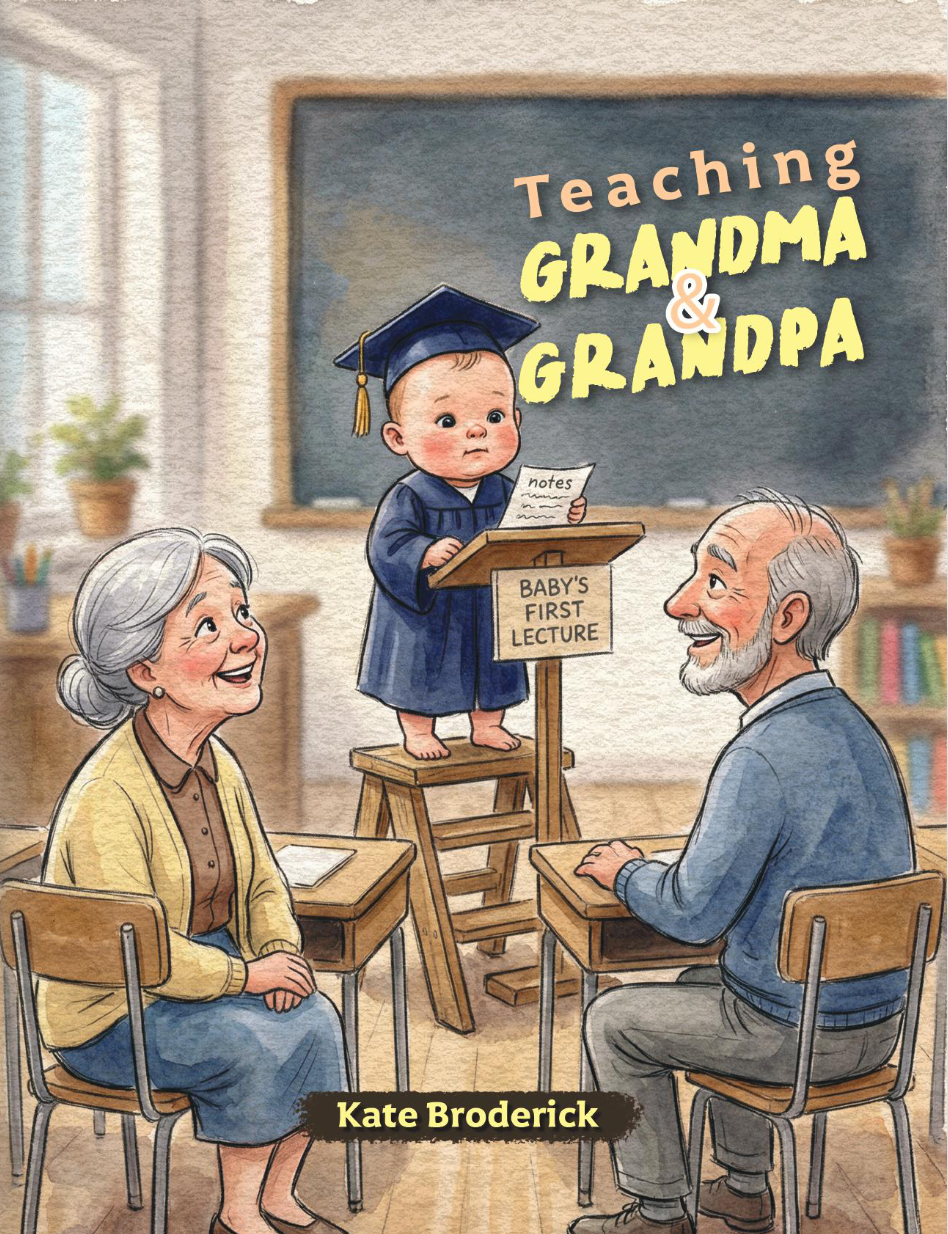 Baby on the pedestal giving lecture to his grandma and grandpa